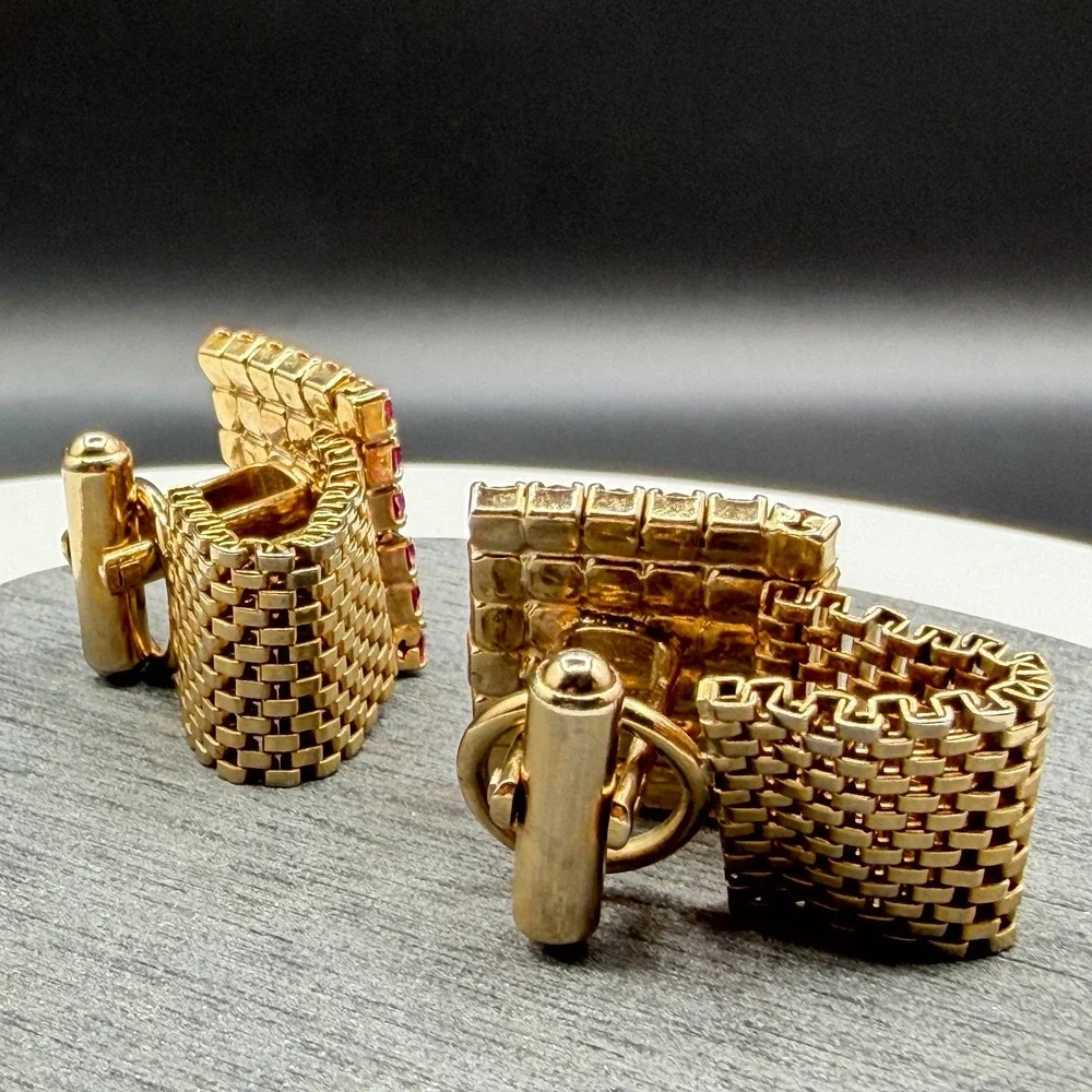 Gold Tone Pink Clear Rhinestone Square Wraparound Mesh Cufflinks Formal Jewelry